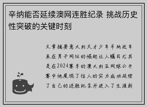 辛纳能否延续澳网连胜纪录 挑战历史性突破的关键时刻