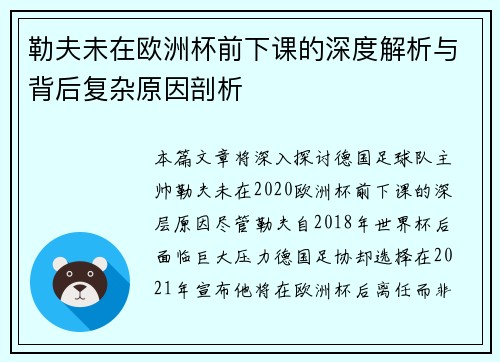 勒夫未在欧洲杯前下课的深度解析与背后复杂原因剖析