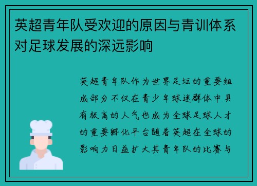 英超青年队受欢迎的原因与青训体系对足球发展的深远影响