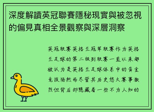 深度解讀英冠聯賽隱秘現實與被忽視的偏見真相全景觀察與深層洞察